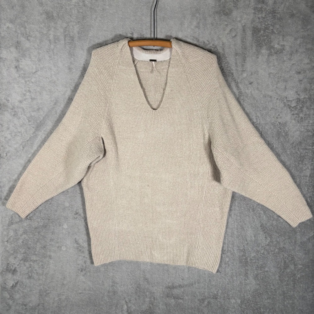 Free People Oversized V-Neck Ribbed Tunic Sweater Oatmeal Beige XS Boho Cozycore